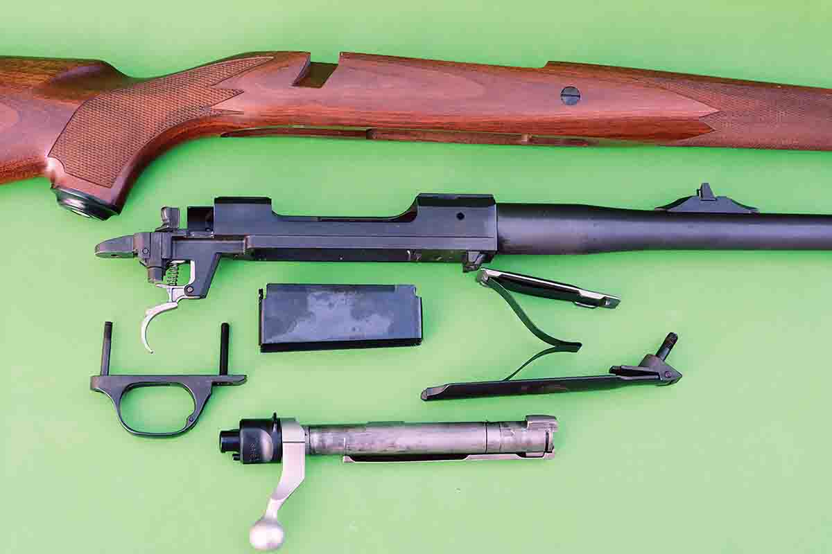 Basic disassembly shows the simple, rugged design of the Ruger M77 Hawkeye.
